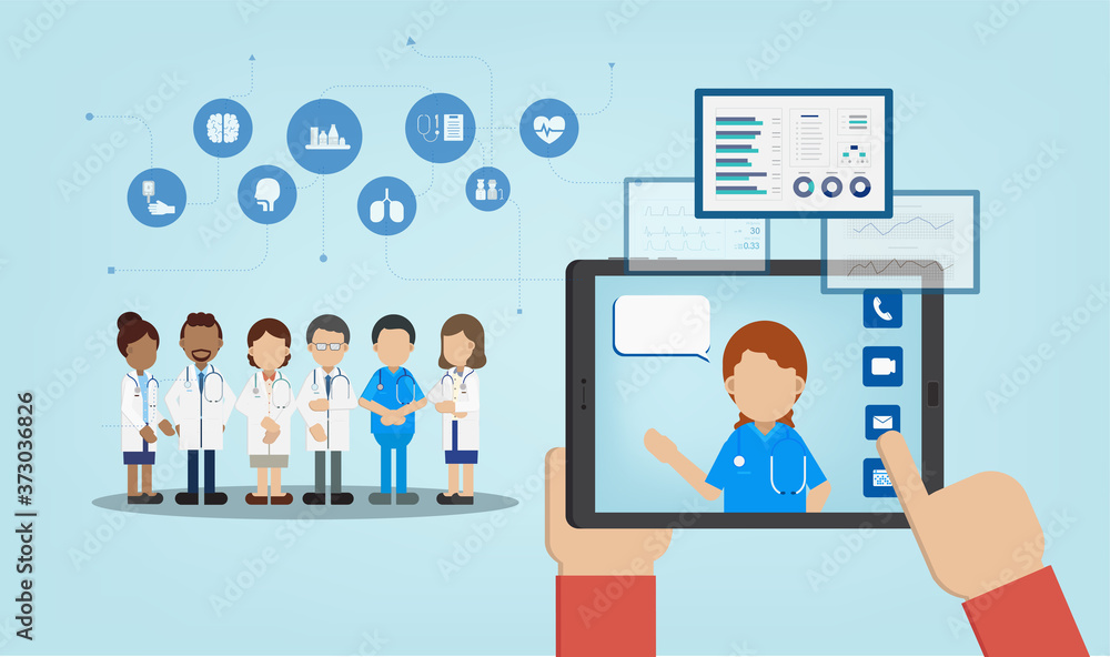 Online doctor service with doctor on digital tablet flat design vector illustration Online doctor service with doctor on digital tablet flat design vector illustration