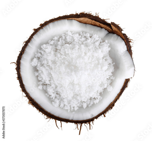 coconuts with coconuts flakes isolated on the white background