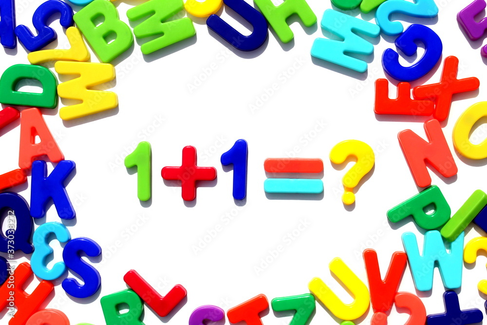 One plus one lined with bright numbers on a white background One plus one lined with bright numbers on a white background