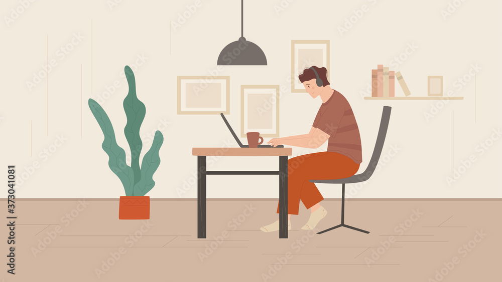 Fototapeta premium Young guy works at home at the table. Happy freelancer in earphones. Colorful hand drawn vector illustration. Remote work or learning concept. Online education. Student in interior.