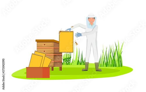 Beekeeper in protective hat and dress in the field on countryside background cartoon vector illustration