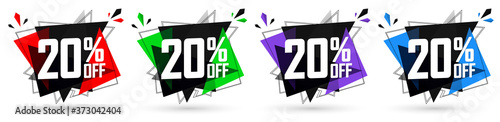 Set Sale 20% off banners, discount tags design template, lowest price, vector illustration