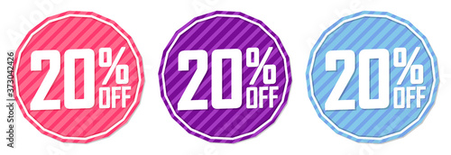 Set Sale 20% off banners, discount tags design template, lowest price, vector illustration