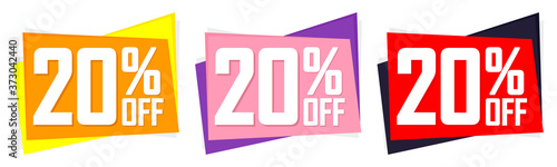 Set Sale 20% off banners, discount tags design template, lowest price, vector illustration