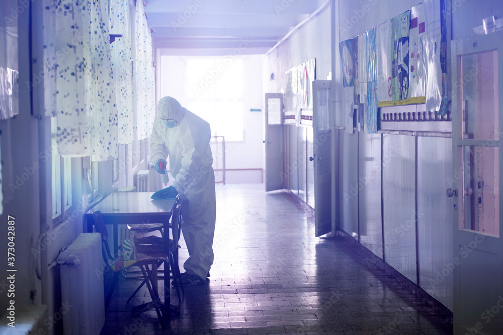 Cleaning and disinfection school class to prevent COVID-19.M Cleaning and disinfection school class to prevent COVID-19.M