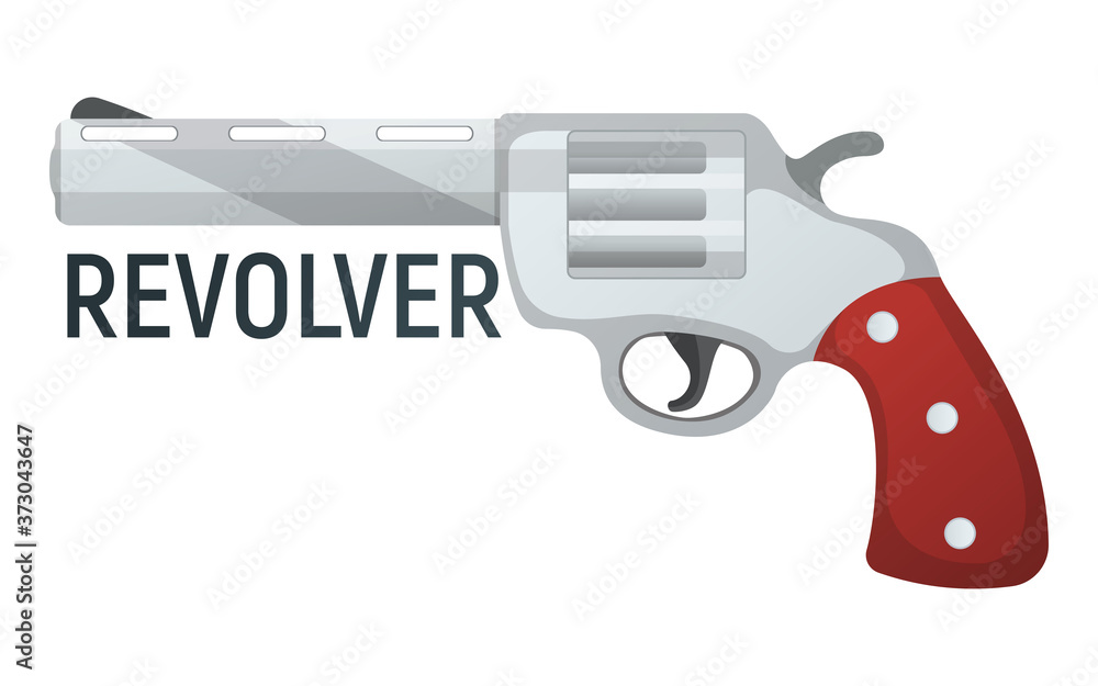 Revolver pistol icon, self defense weapon, concept cartoon vector illustration, isolated on white. Shooting powerful firearms handgun.