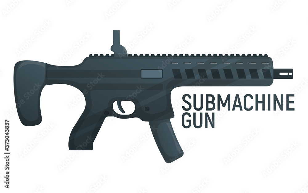 Submachine military gun, icon self defence automatic weapon concept cartoon vector illustration, isolated on white. Shooting rifle.