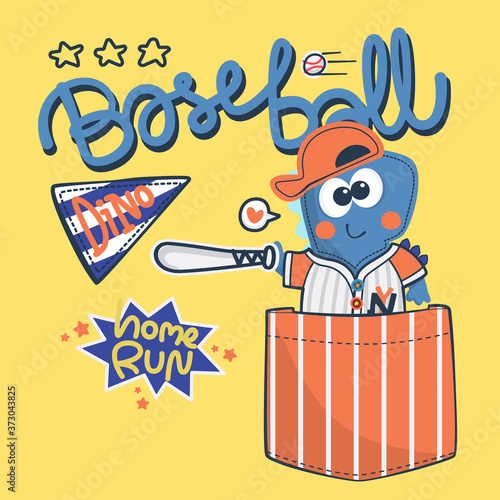 Funny cartoon dinosaur baseball player holding bat in the pocket isolated on yellow background illustration vector, T-shirt design for kids.