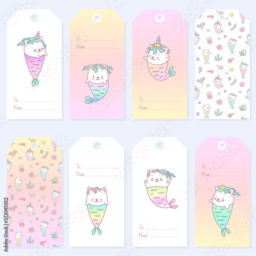 Cute gift tags. Set of gift tags with illustrations of little kittens with rainbow mermaid tails. Vector 8 EPS.