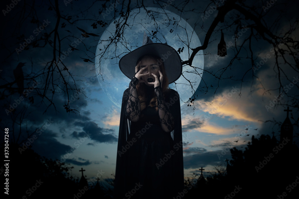 Scary halloween witch standing over cross, church, crow, bat, birds, dead tree, full moon and sunset sky, Halloween mystery concept Scary halloween witch standing over cross, church, crow, bat, birds, dead tree, full moon and sunset sky, Halloween mystery concept