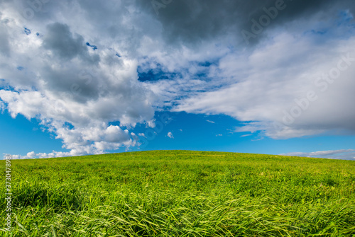 a green hill with grass and grey rain clouds above it
