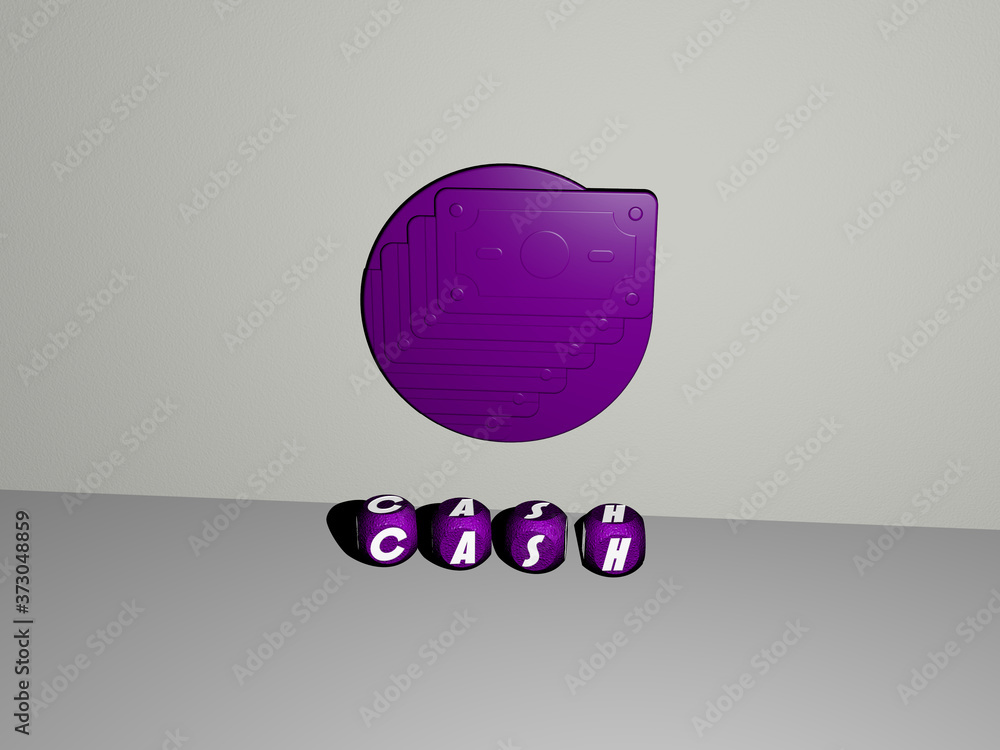 cash 3D icon on the wall and text of cubic alphabets on the floor, 3D illustration cash 3D icon on the wall and text of cubic alphabets on the floor, 3D illustration