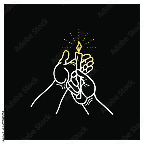 prayer hands with burning candle vector icon in outline