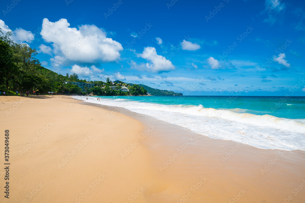Serenity white snad sea wave beach against blue sky with cloud