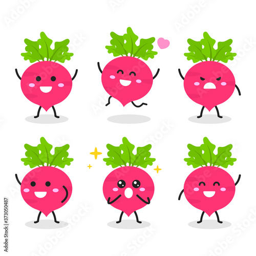 Collection of cute radish character in various poses isolated on white background. Funny vegetable cartoon. Flat vector graphic design illustration for infographic, children book, and farm concept.