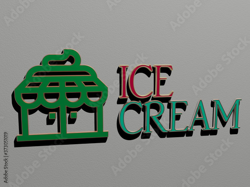 3D representation of ice cream with icon on the wall and text arranged by metallic cubic letters on a mirror floor for concept meaning and slideshow presentation, 3D illustration