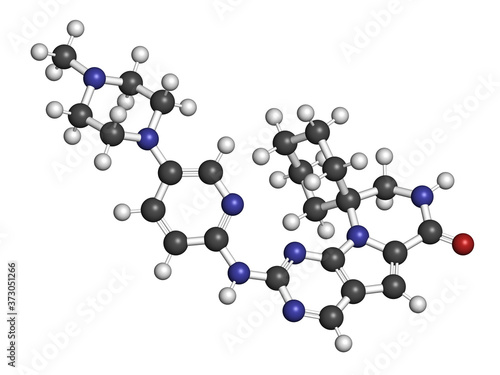 Trilaciclib cancer drug molecule. 3D rendering. Atoms are represented as spheres with conventional color coding: hydrogen (white), carbon (grey), nitrogen (blue), oxygen (red).