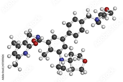 Tazemetostat cancer drug molecule. 3D rendering. Atoms are represented as spheres with conventional color coding: hydrogen (white), carbon (grey), nitrogen (blue), oxygen (red). photo