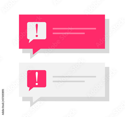 Warning notice message push notification vector, caution attention error text comment bubble speech flat information element, beware careful sign, secure danger website element red white