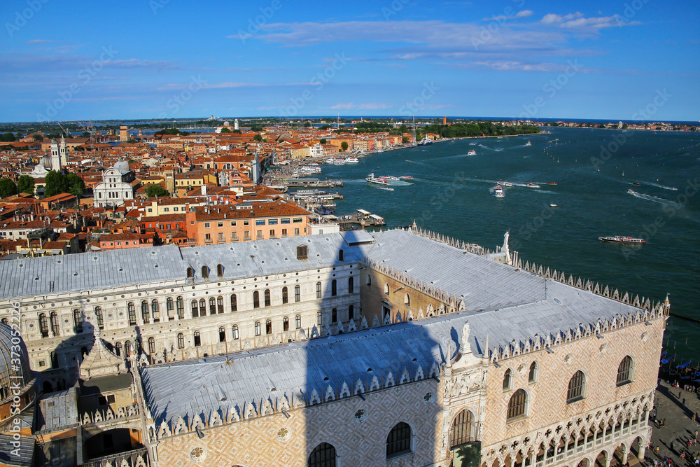 View of Palazzo Ducale and Grand Canal from St Mark's Campanile in Venice, Italy