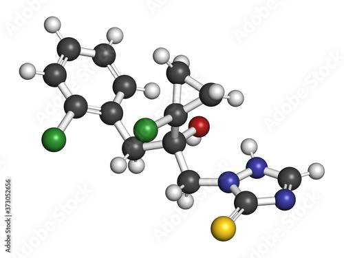 Prothioconazole fungicide molecule. 3D rendering. Atoms are represented as spheres with conventional color coding: hydrogen (white), carbon (grey), nitrogen (blue), oxygen (red), chlorine (green), etc