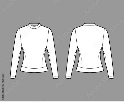 Cotton-terry sweatshirt technical fashion illustration with fitted body, crew neckline, long sleeves. Flat jumper apparel outwear template front, back white color. Women, men, unisex top CAD mockup