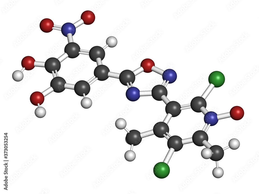 Opicapone Parkinson's disease drug molecule. 3D rendering. Atoms are represented as spheres with conventional color coding: hydrogen (white), carbon (grey), nitrogen (blue), etc Opicapone Parkinson's disease drug molecule. 3D rendering. Atoms are represented as spheres with conventional color coding: hydrogen (white), carbon (grey), nitrogen (blue), etc