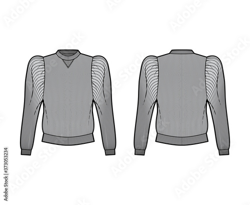 Ribbed cotton-jersey sweatshirt technical fashion illustration with gathered, puffy long sleeves, relaxed fit. Flat jumper apparel template front, back grey color. Women men unisex top knit CAD mockup