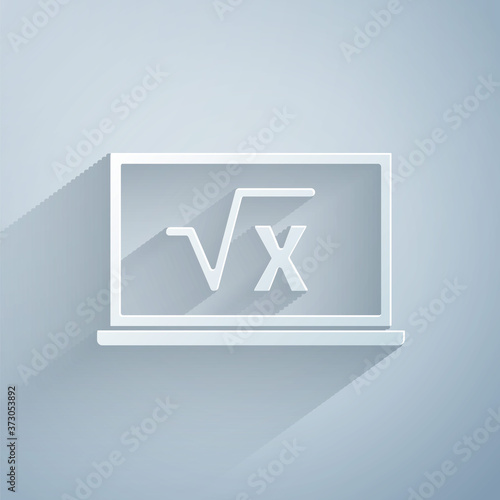 Paper cut Square root of x glyph on chalkboard icon isolated on grey background. Mathematical expression. Paper art style. Vector.