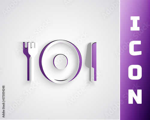 Paper cut Plate, fork and knife icon isolated on grey background. Cutlery symbol. Restaurant sign. Paper art style. Vector.
