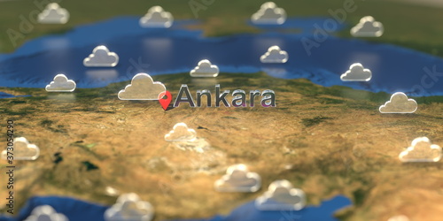 Cloudy weather icons near Ankara city on the map, weather forecast related 3D rendering