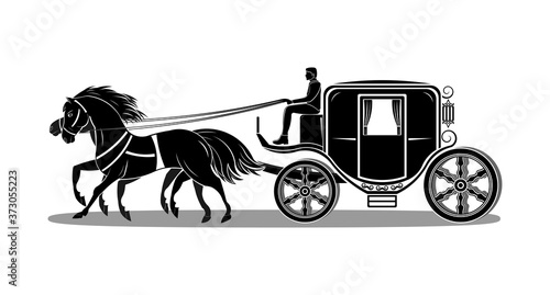 Four wheeled carriage or Coach with horse drawing in cartoon vector