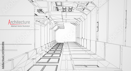 Architecture line background. Building construction sketch vector abstract. Modern city 3d project. Technology geometric grid. Wire blueprint house. Digital architect innovation wireframe.
