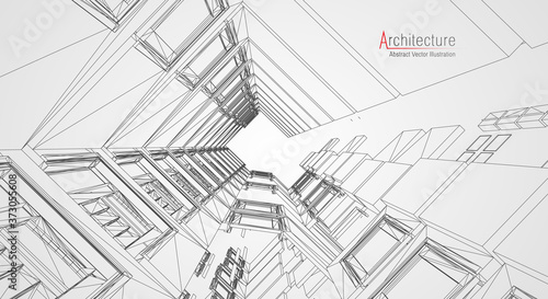 Architecture line background. Building construction sketch vector abstract. Modern city 3d project. Technology geometric grid. Wire blueprint house. Digital architect innovation wireframe.