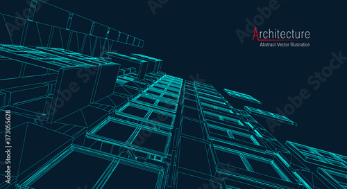 Architecture line background. Building construction sketch vector abstract. Modern city 3d project. Technology geometric grid. Wire blueprint house. Digital architect innovation wireframe.