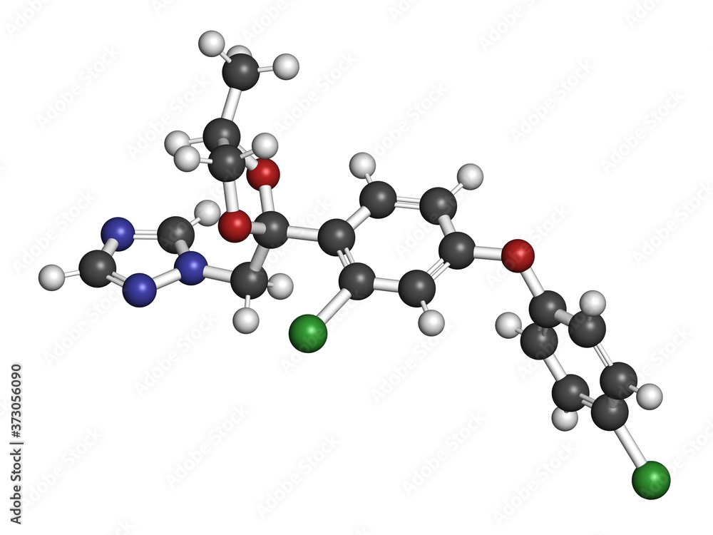 Difenoconazole fungicide molecule. 3D rendering. Atoms are represented as spheres with conventional color coding: hydrogen (white), carbon (grey), nitrogen (blue), oxygen (red), chlorine (green).