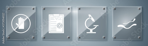 Set Ebola virus disease, Microscope, Clipboard with blood test results and No handshake. Square glass panels. Vector.