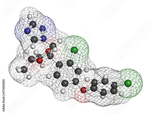 Difenoconazole fungicide molecule. 3D rendering. Atoms are represented as spheres with conventional color coding: hydrogen (white), carbon (grey), nitrogen (blue), oxygen (red), chlorine (green). photo