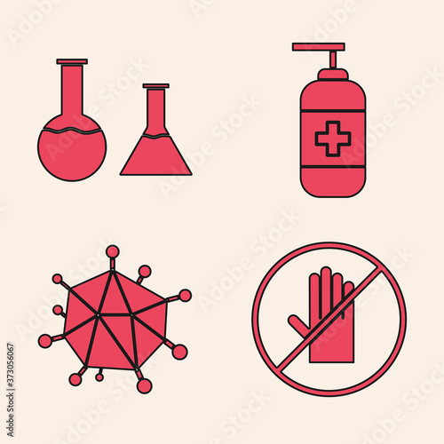 Set No handshake, Test tube and flask, Bottle of liquid antibacterial soap and Virus icon. Vector.