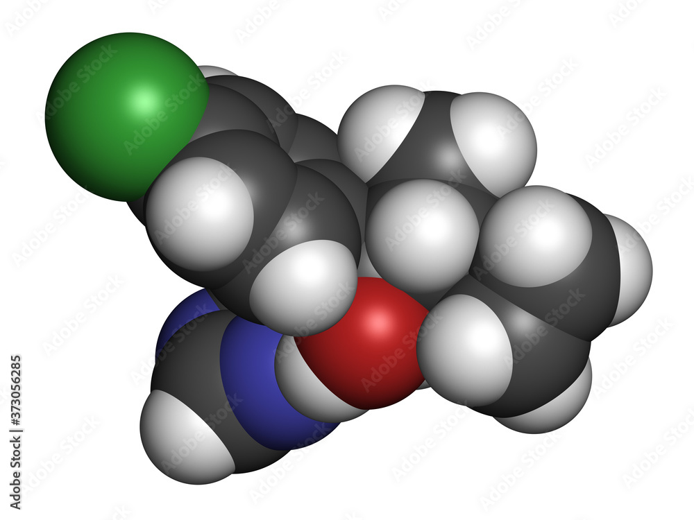 Cyproconazole fungicide molecule. 3D rendering. Atoms are represented as spheres with conventional color coding: hydrogen (white), carbon (grey), nitrogen (blue), oxygen (red), chlorine (green). Cyproconazole fungicide molecule. 3D rendering. Atoms are represented as spheres with conventional color coding: hydrogen (white), carbon (grey), nitrogen (blue), oxygen (red), chlorine (green).