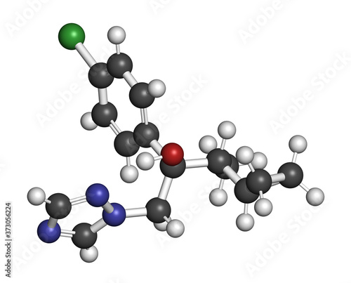 Cyproconazole fungicide molecule. 3D rendering. Atoms are represented as spheres with conventional color coding  hydrogen  white   carbon  grey   nitrogen  blue   oxygen  red   chlorine  green .