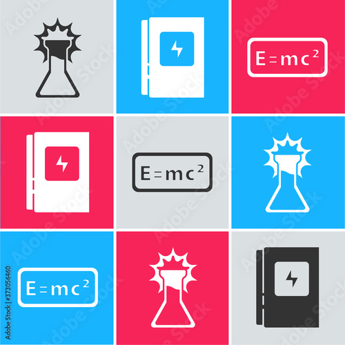 Set Test tube and flask, Electrical panel and Equation solution icon. Vector.