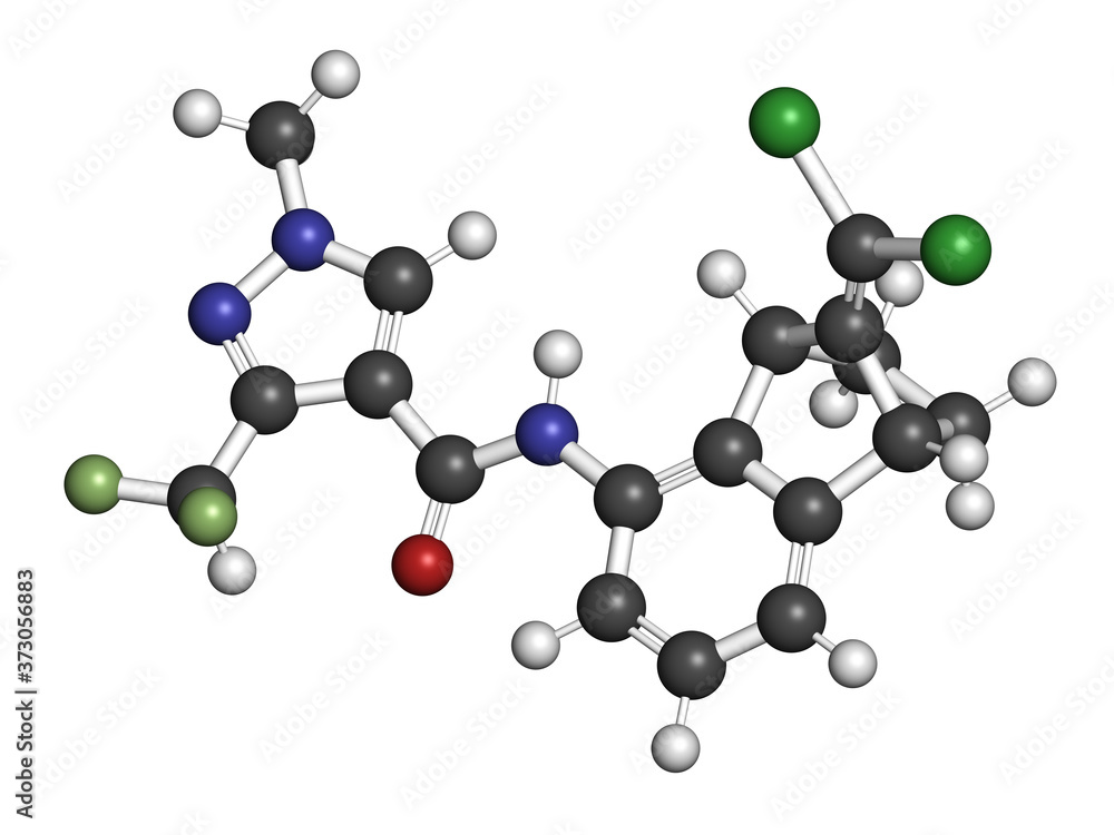 Benzovindiflupyr fungicide molecule. 3D rendering. Atoms are represented as spheres with conventional color coding: hydrogen (white), carbon (grey), nitrogen (blue), oxygen (red), etc