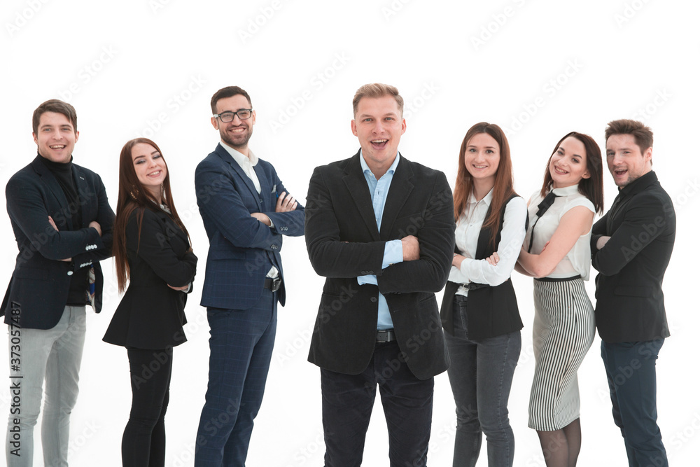 Confident business team stands over white backgound Confident business team stands over white backgound