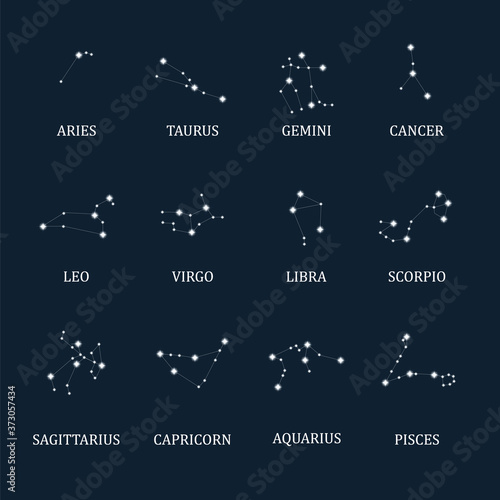 Zodiac constellation signs. Astrological horoscope and stars signs. Star maps, sky constellations or mystic zodiac icons. Vector illustration.