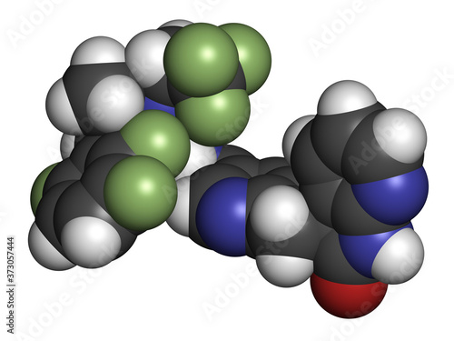 Atogepant migraine drug molecule (CGRP inhibitor). 3D rendering. Atoms are represented as spheres with conventional color coding: hydrogen (white), carbon (grey), nitrogen (blue), oxygen (red), etc photo