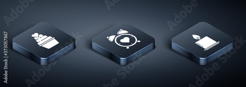 Set Isometric Wedding cake with heart, Burning candle and Heart in the center alarm clock icon. Vector.