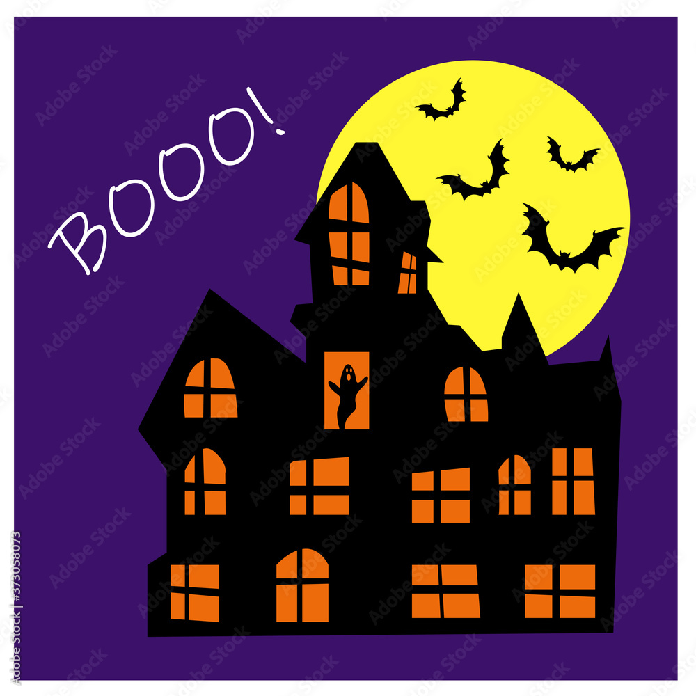 Haunted Haus vector with ghost in a window, pumpkin, yellow moon and bats Happy Halloween postcard on dark background