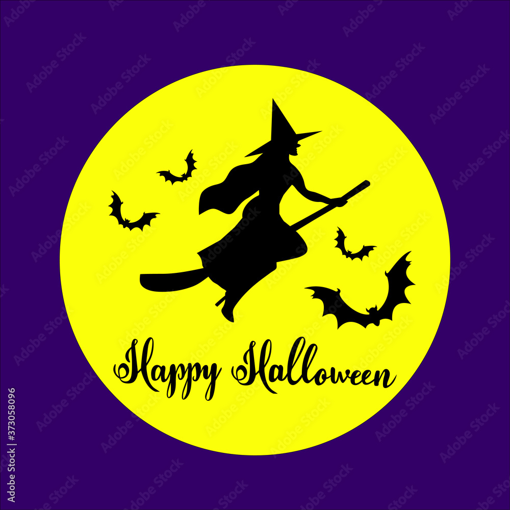 Happy Halloween postcard with Witch silhouette flying on Broomstick in front of the moon.
