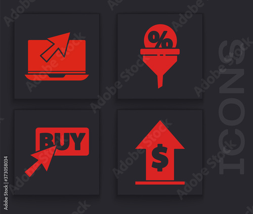 Set Financial growth and coin, Laptop and cursor, Lead management and Buy button icon. Vector.